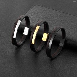 Charm Bracelets ZG Simple Style Classic Stainless Steel Men's Black Leather Bracelet & Bangle Double-layer Design DIY Customization