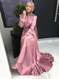 Satin Abaya Long Dress Women Elegant Big Swing Belted Hijab Robe Islam Dubai Turkish Modest Abayas Muslim African Dresses 240222