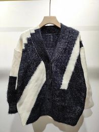 Women's Knits 2024 Fashion Long-sleeved Sexy Casual Loose Geometric Pattern Knitted Cardigan 0103