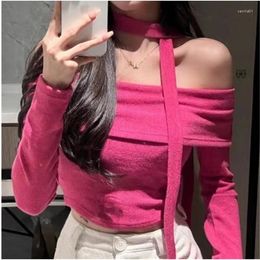 Women's T Shirts Sexy One Shoulder Neck Strap Slim Long Sleeved Folded Bottom Knitted Top Women Tshirt Fashion Sweet Tops Tees V805