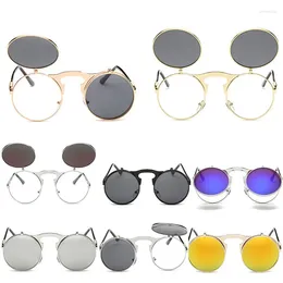 Sunglasses Retro Steampunk Round Flip Up Sunglass Women Mens Clip On Metal Punk Sun Glasses Male