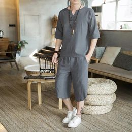 Men's Tracksuits Summer Thin Linen Short Sleeved T-shirt Fashionable Casual Retro Comfortable Set For Men