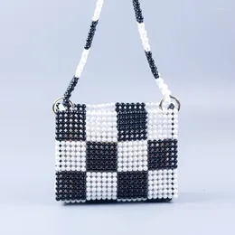 Evening Bags Customised Handmade Fashion Black White Chessboard Weaving Handheld Shoulder Summer Versatile Beaded Chain Crossbody Bag