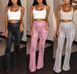 Fashion Womens Flared Glitter Sequins Leggings Solid High Waist Bell Bottom Pants Disco Trouser Lady Drawstring Pants2338266