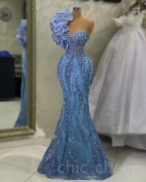 May Aso Ebi One Shoulder Prom Dress Pearls Mermaid Sequined Lace Evening Formal Party Second Reception Födelsedagsengagemang Klänningar klädrock de Soiree