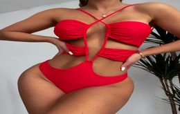 2022 Swimwear For Women Bandage One Piece Hollow Out Swimsuit Bathing Suits Red Color Monokini Biquini Traje De Bano Mujer Summer 9372242