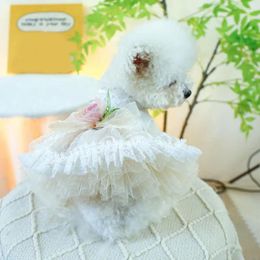 Dog Apparel Portable Pet Dress Fashionable Breathable Princess With 3d Flower Decoration Mesh Splicing For Spring