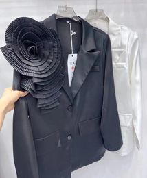 Women's Suits Real Pos 2024 Spring Suit Coat Fashion 3D Flowers Black White Jacket In Outerwears Blazer Coats