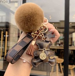 Keychains Lanyards Bear pompom Plush accessory girls like grid metal buckle ring 240303