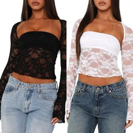 Women's Tanks Women Lace Tube Top Set Slim Fit Sexy Sheer Shirts See Through Sheath Shirt 2 Piece Outfit Party Clubwear