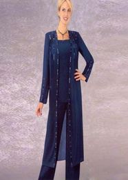 Dark Navy Three Pieces Mother Of The Bride Pant Suits Square Neck Long Sleeves Wedding Guest Dresses Chiffon Plus Size Beaded Form1213374