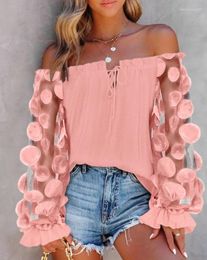 Women's Blouses Women Sexy Summer Loose Floral Pattern Sheer Mesh Patch Lantern Long Sleeve Frill Hem Tied Detail Off The Shoulder Top