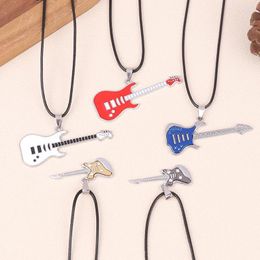 Pendant Necklaces 1PC Fashion Men's Women Stainless Steel Guitar Leather Necklace Jewellery Gift