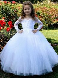 Girl Dresses Flower White Tulle Puffy Appliques Long Sleeve For Wedding Birthday Party Banquet Princess Gowns