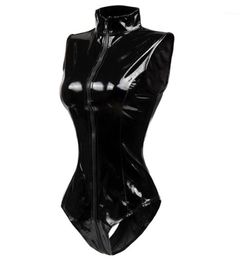 Women039s Jumpsuits Rompers Est Black Crotch Zipper Sleeveless Sexy Spandex Bodysuit Leather Latex Catsuit PVC Jumpsuit Women2749381