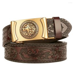 Belts High Quality Men Lion Pattern Design Alloy Automatic Buckle Genuine Leather Belt Cowhide For Male Jeans Fashion Vintage