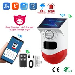 2in1 WiFi Tuya Smart Remote Control Outdoor Charging Security Sound Alarm Detector Sensor Farm Garden Solar Infrared Siren Solar 240219