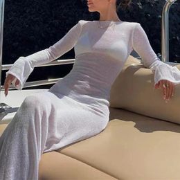 Casual Dresses Women Solid Dress Long Sleeve Round Neck Backless Flare Slim Beach Overskirt Sexy Luxury Robe Formal