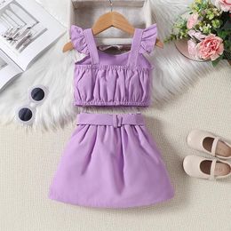 Clothing Sets Little Girls Summer Outfits Set Round Neck Sleeve Tops Elastic Waist Pleated Mini Skirt With Belt Toddler Clothes