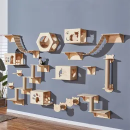 Scratchers Cat Hammock Set Wall Mounted Cat Climbing Wooden Shelves and Jumping Platform Scratching Post for Cat Playing and Sleeping