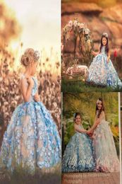 Real Pos Blue Princess Flowes Girls Pageant Dresses Appliques Beads Kids Toddlers Birthday Party Gowns Wedding Party Dress6591445