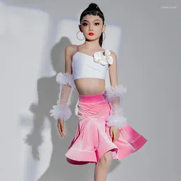 Stage Wear Kids Performance Dancing White Latin Top Pink Velvet Skirt For Girls Dance Costume Competition Clothes SL8450