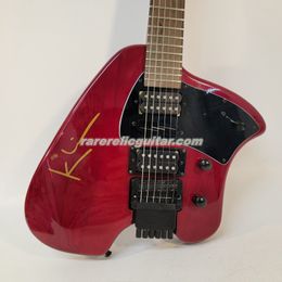 Steve Klein Signature Trans Red Headless Electric Guitar Vibrato Arm Tremolo Bridge & Whammy Bar, Black Pickguard, HSH Pickups, Black Hardware