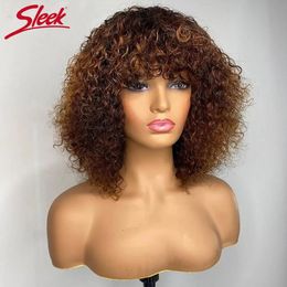 Short Pixie Bob Cut Human Hair Wigs With Bangs Jerry Curly Non lace front Wig Highlight Honey Blonde Coloured Wigs For Women 240228
