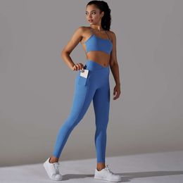 Lu Align Woman Outfit Sets With Pockets Sexy Outfits Women Beauty Back Sports Bra SportsWear Sport Booty Lifting For Woman Running Leggings Suit Jogger Gry Lemon Lady