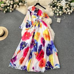 Floral Series Spring 2024 New Small and Popular Flare Sleeves Ruffled Edge Oblique Collar Off Shoulder Long Chiffon Vacation Dress