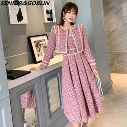 Winter Fashion Womens Tweed Short Coat And Dresses 2 piece Sets Female Autumn Beading DressTop Quality Two-Piece Suit 240223
