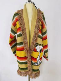 Jastie Jacket Wool Rainbow Striped Sweater Cardigan Cartoon Jacquard Knit Mid-length Coats Tops 240219
