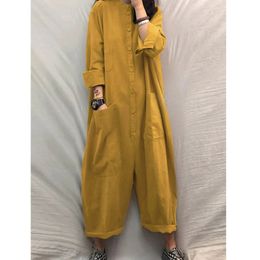 Women Jumpsuit Female Oversized Romper Autumn Loose Pockets Overalls Casual Solid Stand Collar Bottom 240229