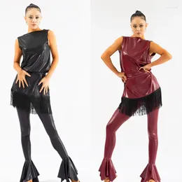 Stage Wear Women'S Ballroom Dance Competition Clothes Sleeveless Fringed Top Flared Pants Adults Latin Performance Costume SL9762