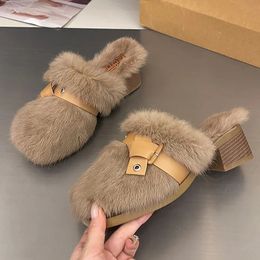 Women Fur Mid Heels Fluffy Slippers Buckle Plush Slingback Shoes Winter Fashion Trend Elegant Pumps House Cotton 240228