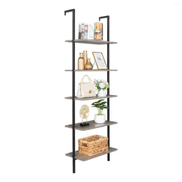 Hooks 5-Shelf Wood Ladder Bookcase With Metal Frame Industrial 5-Tier Modern Shelf Shelves Gray