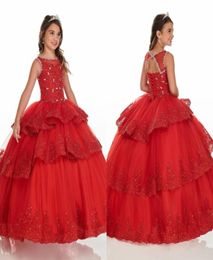 Red Three Layers Ball Gown Ruffle Mini Quinceanera Dresses Pageant Girls Lace Beads Laceup Jewel Flower Girl Dress Party Graduati2630298