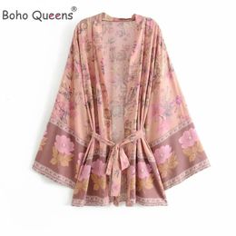 Boho Queens Women Floral Print Sashes Bat Sleeve Beach Bohemian Kimono Dresses Ladies V Neck Summer Bikini Cover-ups 240219