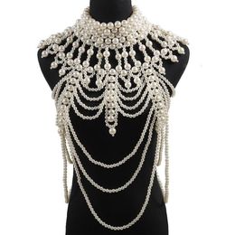 Retro advanced Pearls Crystal Body Jewellery Chain Sexyhandmade beaded Women Bridal wedding dress large necklace Jewellery Accessor274b