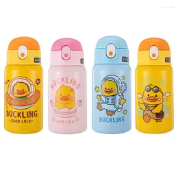 Water Bottles 400ml Cute Cartoon Yellow Duck Vacuum Flask Baby Anti-drop Strap Straw Handle Mug Children Cup Bullet Buckle