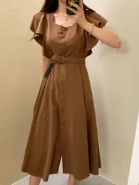 Party Dresses Women's Summer Elegant Long Shirt Dress With Belt Flying Sleeve High Waist Single Breasted A-line Sundress