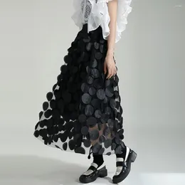 Skirts Large Hem Skirt Vintage A-line Maxi With 3d Dot Decor Elastic Waist Women's Retro Solid Colour Long Summer Tulle Mesh