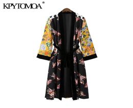KPYTOMOA Women Fashion Patchwork Velvet With Belt Kimono Blouses Vintage Floral Print Cardigan Female Shirts Chic Long Tops 2104019432274