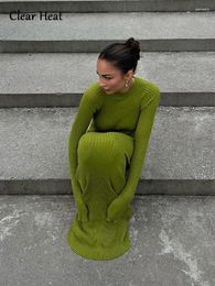 Casual Dresses Elegant Green Slim Knitted Maxi Dress Women 2024 Autumn Winter Fashion Long Sleeve Sweater Lady Party Club Streetwear