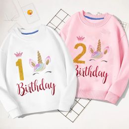 Birthday Unicorn Kids TShirts Children Tops Clothes Tee Baby Boy Girls Long Sleeve Tshirt 1 2 3 4 5 6 7 8 9Y Old Child Clothing 240220