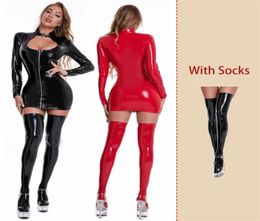 Women PU Leather Dresses Long Sleeve Zipper Wetlook Latex Sheath Clothing Sexy Woman Backless Breast Exposing Short Outdoor Wear 23860957