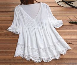 Women039s Blouses Shirts Women Cotton White Blouse Girl V Neck Hollow Out Embroidery Lace Short Sleeve Shirt Office Ladies Wo2991383