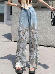 Jeans eleganti di moda per le donne Patchworl in pizzo a vita alta scava fuori pantaloni irregolari De Mujer pantaloni allentati casuali tutti i fiammiferi 949