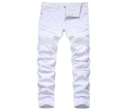 Men039s Jeans White Pleated Men Patchwork Moto Biker Style Casual Solid Colour Full Length Fashion Straight Denim Trousers15566513