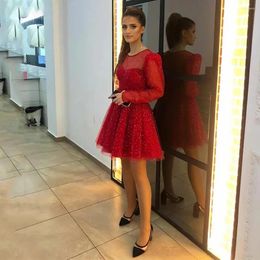 Party Dresses Ryanth Sparkly Red Prom Long Sleeves A-Line Mini Short Evening Sequined Tulle Above Formal